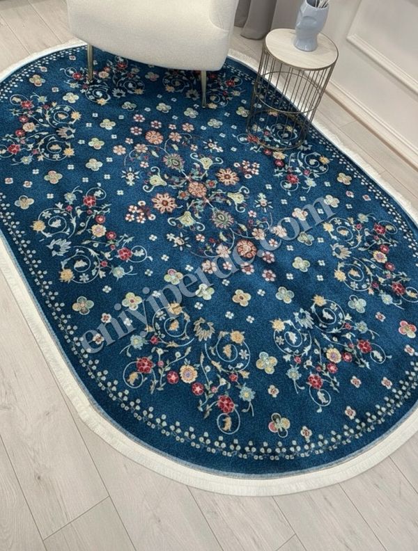 (lacivertyuvarlak) LACİVERT Blue Floral Vintage Lateks Taban Halı Fiyatları, Özellikleri ve Yorumları - 4