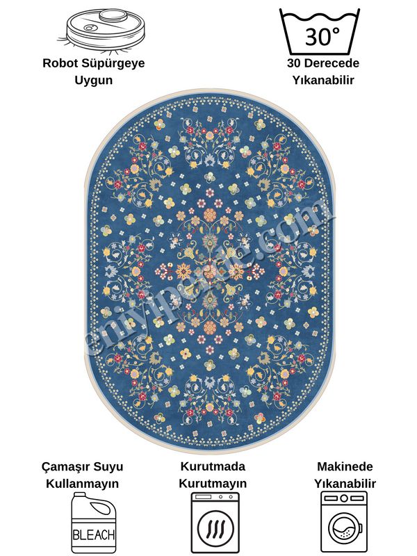 (lacivertyuvarlak) LACİVERT Blue Floral Vintage Lateks Taban Halı Fiyatları, Özellikleri ve Yorumları - 6