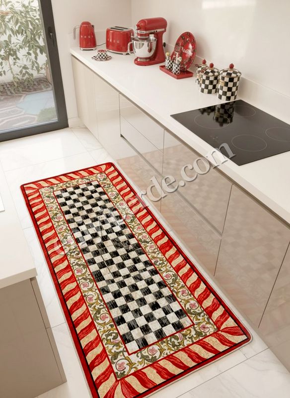 (kirmizi) Kırmızı Renk- Mackenzie Stili Damalı Mutfak Antre Yolluk Halı Fiyatları, Özellikleri ve Yorumları - 2