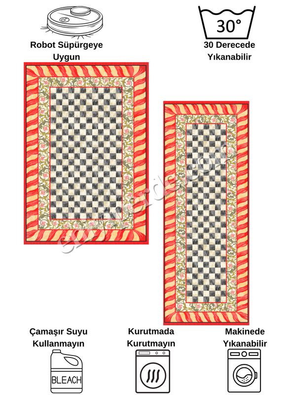 (kirmizi) Kırmızı Renk- Mackenzie Stili Damalı Mutfak Antre Yolluk Halı Fiyatları, Özellikleri ve Yorumları - 8
