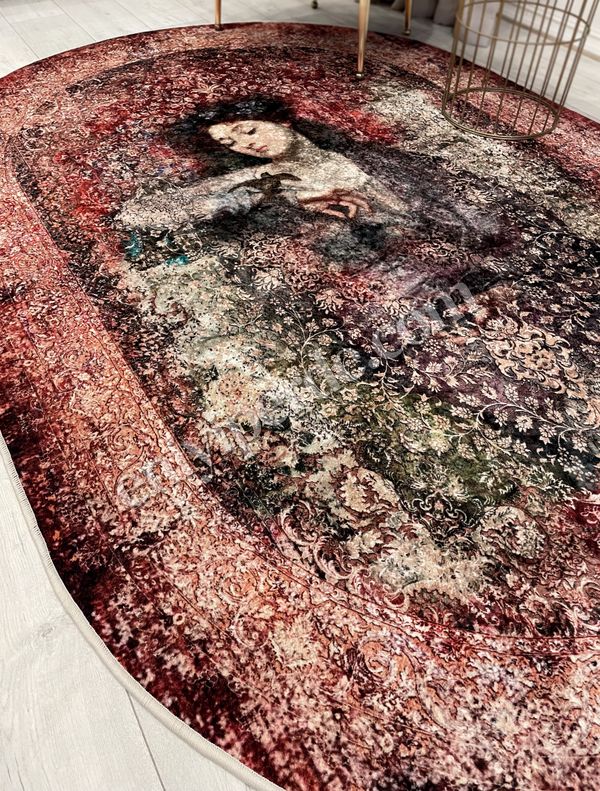 (kahverengi) Kahve-Kırmızı Eskitme Vintage Etnik Desenli Oval Lateks Taban Halı Fiyatları, Özellikleri ve Yorumları - 3
