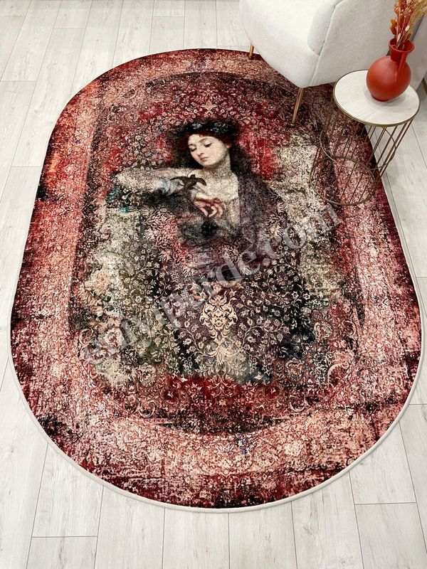 (kahverengi) Kahve-Kırmızı Eskitme Vintage Etnik Desenli Oval Lateks Taban Halı Fiyatları, Özellikleri ve Yorumları - 4