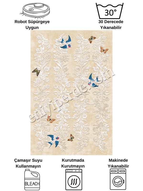 (bej) BEJ- Nakış İşleme Görünümlü Kuşlu Lateks Taban Yolluk Halı Fiyatları, Özellikleri ve Yorumları - 7