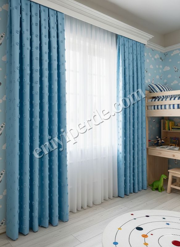(mavi) Mavi Renk Çocuk Odası Ponponlu Pufy Fon Perde 1/3 SIK Pile Fiyatları, Özellikleri ve Yorumları - 2