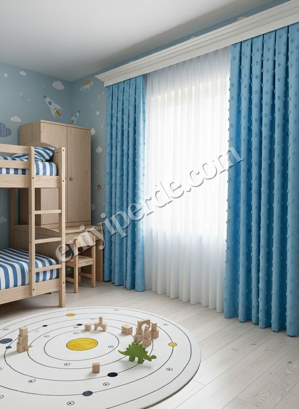 (mavi) Mavi Renk Çocuk Odası Ponponlu Pufy Fon Perde 1/3 SIK Pile Fiyatları, Özellikleri ve Yorumları - 3