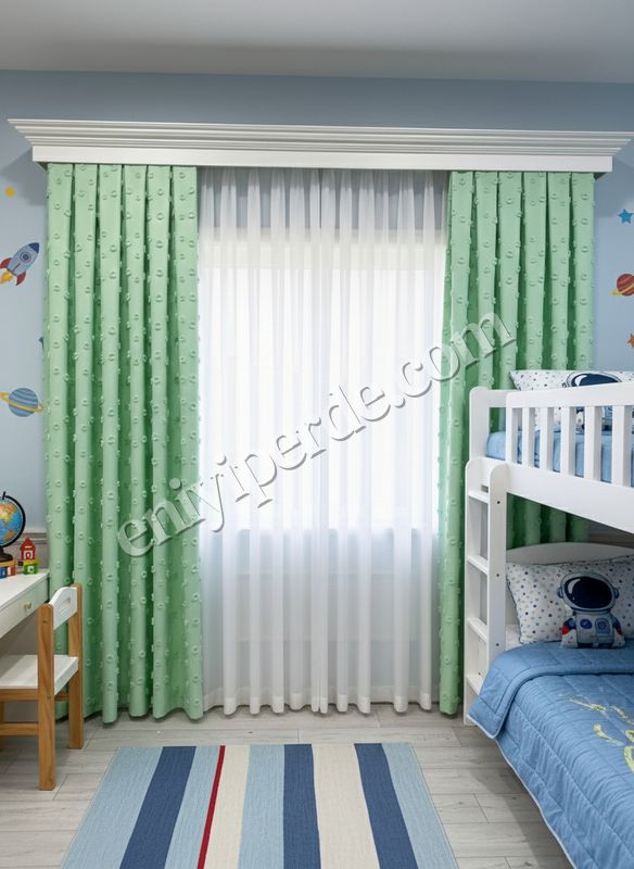 (yesil) Yeşil Renk Çocuk Odası Ponponlu Pufy Fon Perde 1/3 SIK Pile Fiyatları, Özellikleri ve Yorumları - 2
