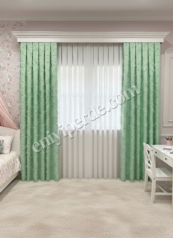 (yesil) Yeşil Renk Çocuk Odası Ponponlu Pufy Fon Perde 1/3 SIK Pile Fiyatları, Özellikleri ve Yorumları - 3