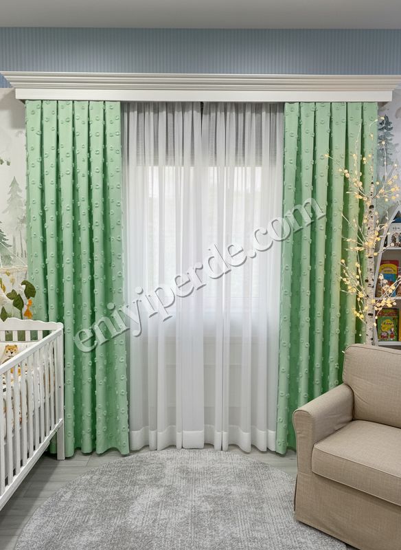 (yesil) Yeşil Renk Çocuk Odası Ponponlu Pufy Fon Perde 1/3 SIK Pile Fiyatları, Özellikleri ve Yorumları - 4