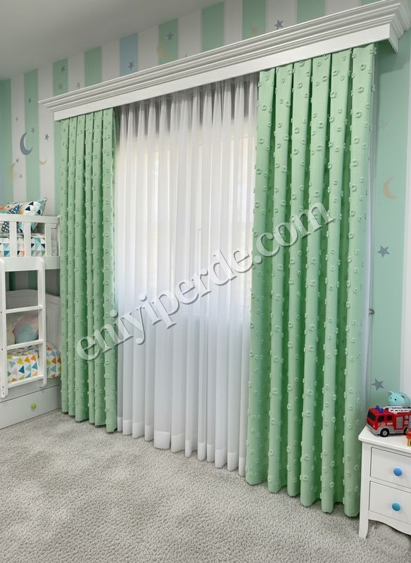 (yesil) Yeşil Renk Çocuk Odası Ponponlu Pufy Fon Perde 1/3 SIK Pile Fiyatları, Özellikleri ve Yorumları - 5