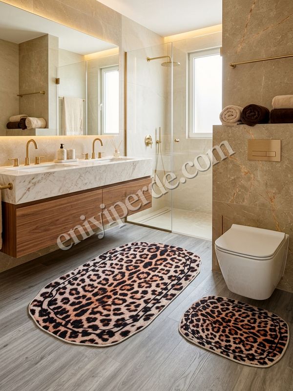 (kahverengi) 2'li Leopar Desen Lateks Taban Banyo Paspası (70x110-45x55) Fiyatları, Özellikleri ve Yorumları - 2