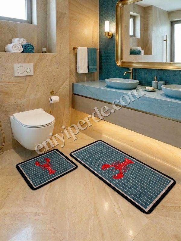 (mavi) 2'li Istakoz Desen Lateks Taban Banyo Paspası (60X100-60x50) Fiyatları, Özellikleri ve Yorumları - 2