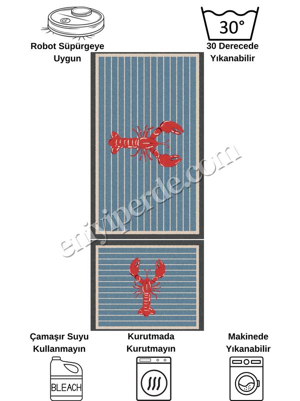 (mavi) 2'li Istakoz Desen Lateks Taban Banyo Paspası (60X100-60x50) Fiyatları, Özellikleri ve Yorumları - 5