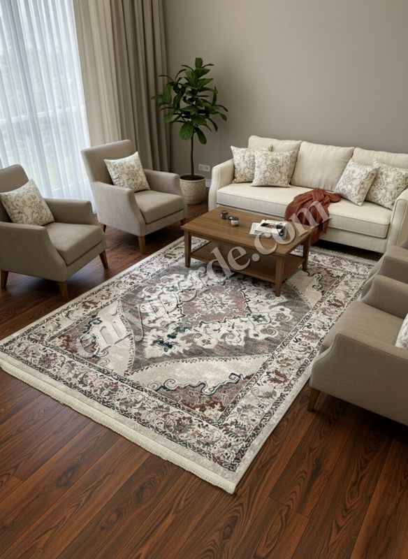 (bej) Göbekli Damask Desenli Lateks Taban Salon Halısı Fiyatları, Özellikleri ve Yorumları - 2