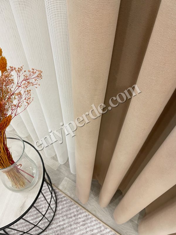 (bej) CAMEL Renk 1/3 SIK PİLE Petek Dokuma Yumuşak Yapılı Panama Fon Perde Fiyatları, Özellikleri ve Yorumları - 2