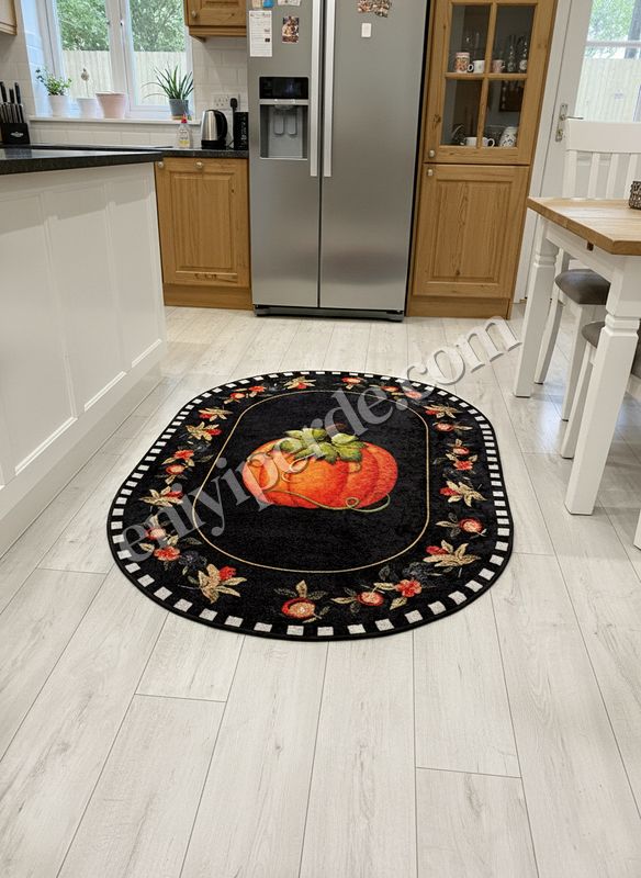 (siyah) Balkabağı Desen Bordürlü Oval Mutfak Halısı Fiyatları, Özellikleri ve Yorumları - 2