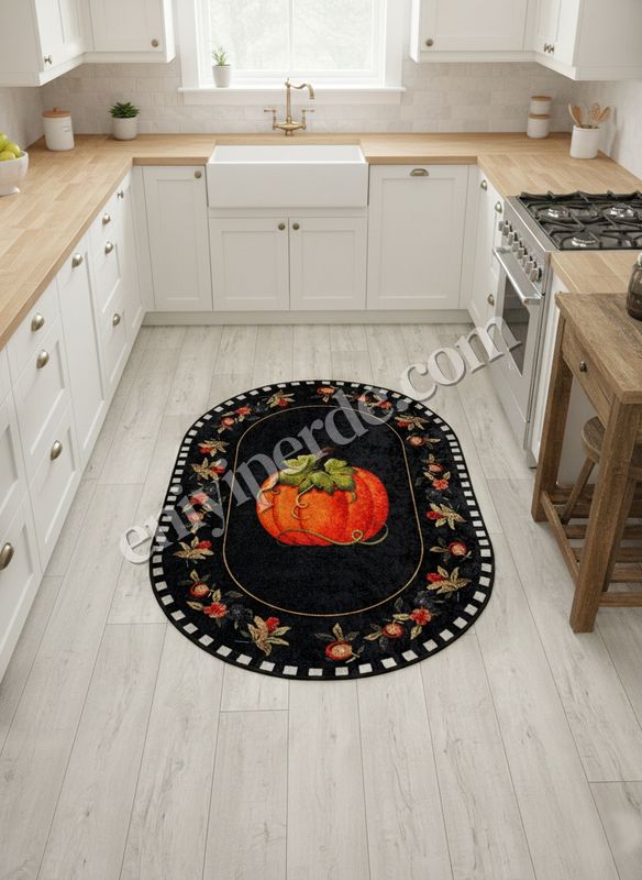 (siyah) Balkabağı Desen Bordürlü Oval Mutfak Halısı Fiyatları, Özellikleri ve Yorumları - 4
