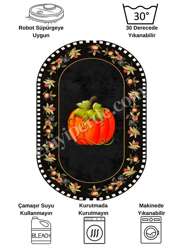 (siyah) Balkabağı Desen Bordürlü Oval Mutfak Halısı Fiyatları, Özellikleri ve Yorumları - 7