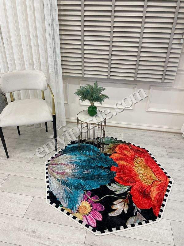 (siyah) Sekizgen Dama Desen Çiçekli Lateks Taban Halı Fiyatları, Özellikleri ve Yorumları - 3