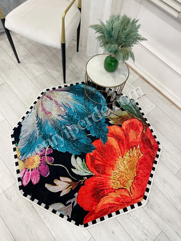 (siyah) Sekizgen Dama Desen Çiçekli Lateks Taban Halı Fiyatları, Özellikleri ve Yorumları - 6