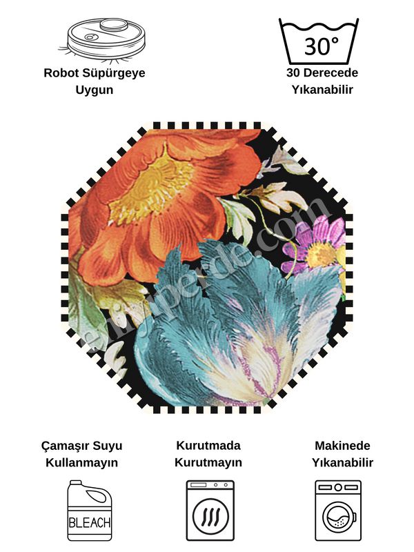 (siyah) Sekizgen Dama Desen Çiçekli Lateks Taban Halı Fiyatları, Özellikleri ve Yorumları - 8