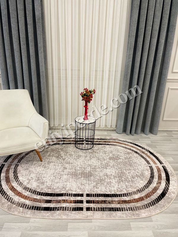 (bej-oval) BEJ Renk Çizgi Desenli Kaymaz Taban Çerçeveli Halı Fiyatları, Özellikleri ve Yorumları - 2