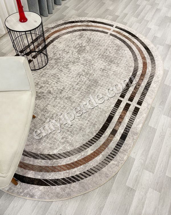 (bej-oval) BEJ Renk Çizgi Desenli Kaymaz Taban Çerçeveli Halı Fiyatları, Özellikleri ve Yorumları - 3