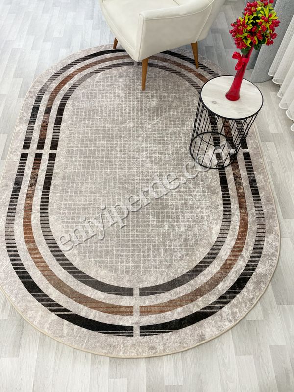 (bej-oval) BEJ Renk Çizgi Desenli Kaymaz Taban Çerçeveli Halı Fiyatları, Özellikleri ve Yorumları - 4