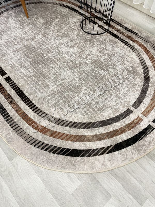 (bej-oval) BEJ Renk Çizgi Desenli Kaymaz Taban Çerçeveli Halı Fiyatları, Özellikleri ve Yorumları - 5