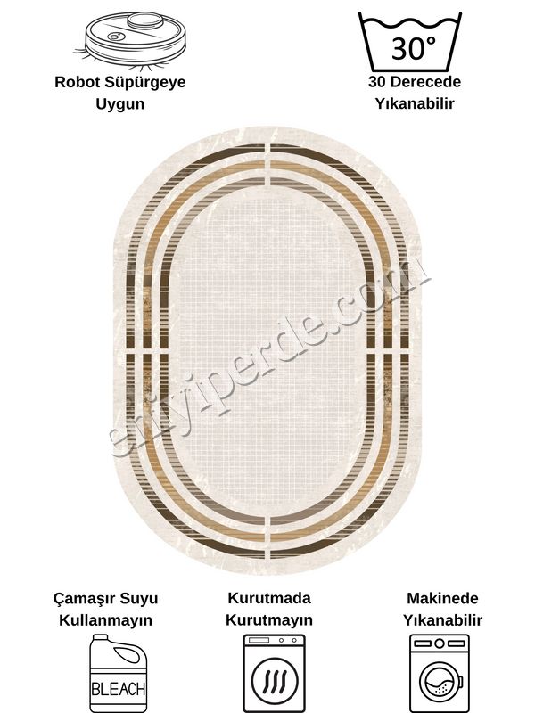 (bej-oval) BEJ Renk Çizgi Desenli Kaymaz Taban Çerçeveli Halı Fiyatları, Özellikleri ve Yorumları - 7