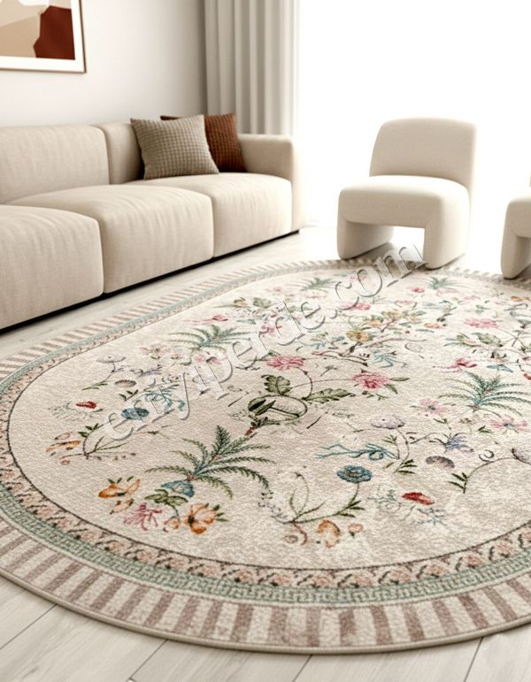 (bej-oval) Bej Rengi Çiçekli Kuş Desenli Lateks Deri Taban Halı Fiyatları, Özellikleri ve Yorumları - 2