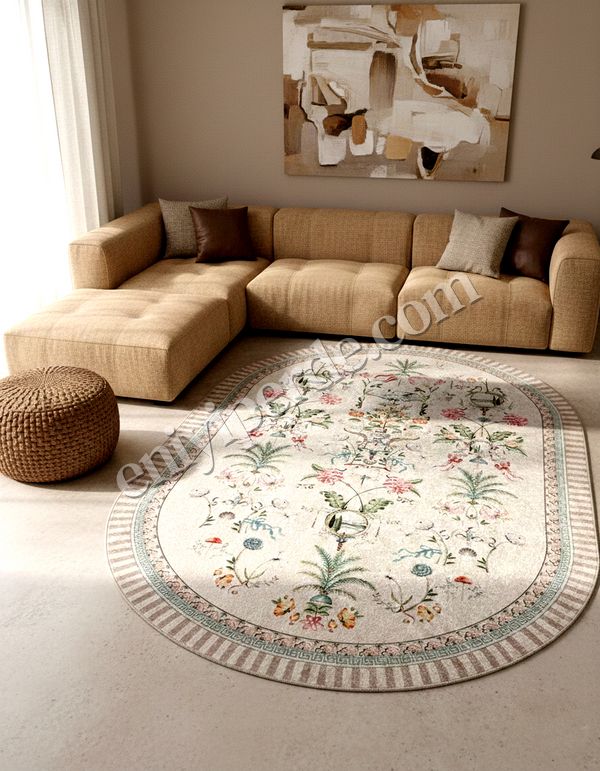 (bej-oval) Bej Rengi Çiçekli Kuş Desenli Lateks Deri Taban Halı Fiyatları, Özellikleri ve Yorumları - 3