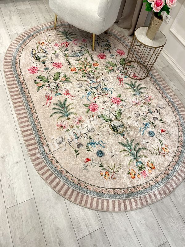 (bej-oval) Bej Rengi Çiçekli Kuş Desenli Lateks Deri Taban Halı Fiyatları, Özellikleri ve Yorumları - 4