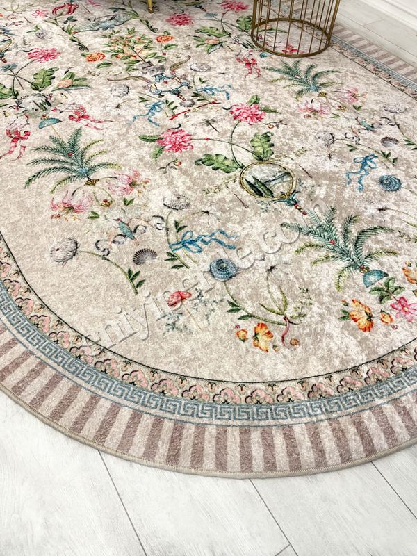 (bej-oval) Bej Rengi Çiçekli Kuş Desenli Lateks Deri Taban Halı Fiyatları, Özellikleri ve Yorumları - 5
