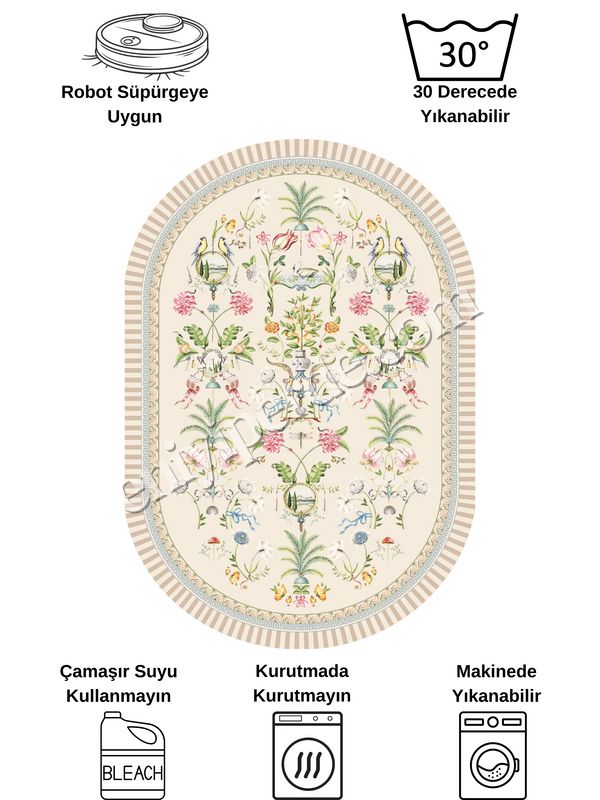 (bej-oval) Bej Rengi Çiçekli Kuş Desenli Lateks Deri Taban Halı Fiyatları, Özellikleri ve Yorumları - 7