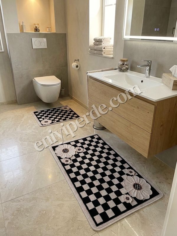 (bej) Damalı Çiçek Desenli Lateks Taban 2'li Banyo Paspası  (60x100-60x50) Fiyatları, Özellikleri ve Yorumları - 2