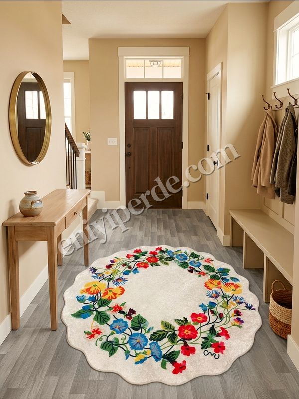(krem) Floral Çiçek Desenli Dalgalı Kesim Lateks Taban Antre Mutfak Halısı Fiyatları, Özellikleri ve Yorumları - 3