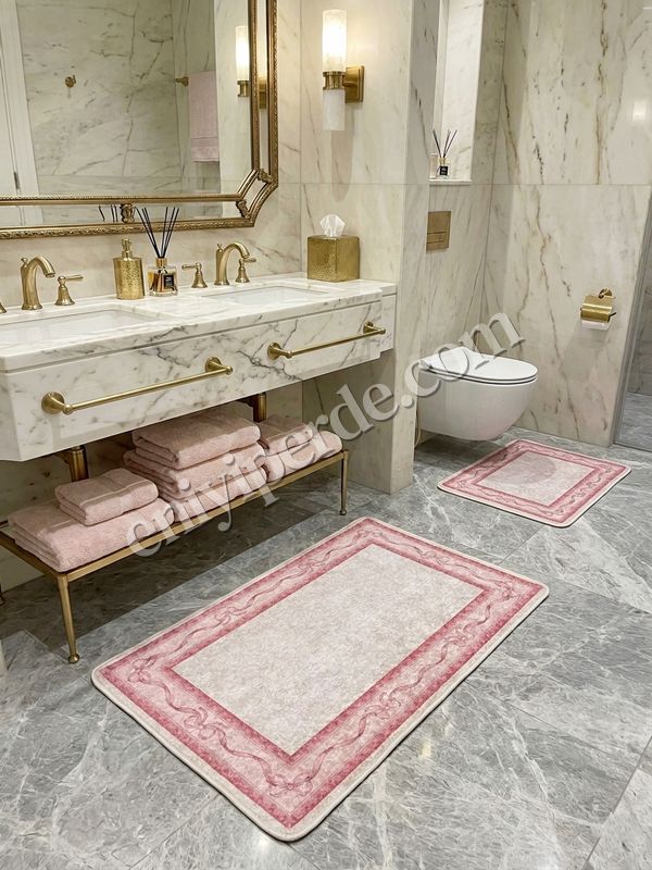 (ekru) 2'li Fiyonklu Bordürlü  Lateks Taban Banyo Paspası (60x100-60x50) Fiyatları, Özellikleri ve Yorumları - 2