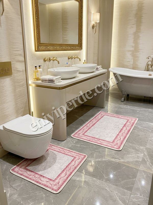 (ekru) 2'li Fiyonklu Bordürlü  Lateks Taban Banyo Paspası (60x100-60x50) Fiyatları, Özellikleri ve Yorumları - 3