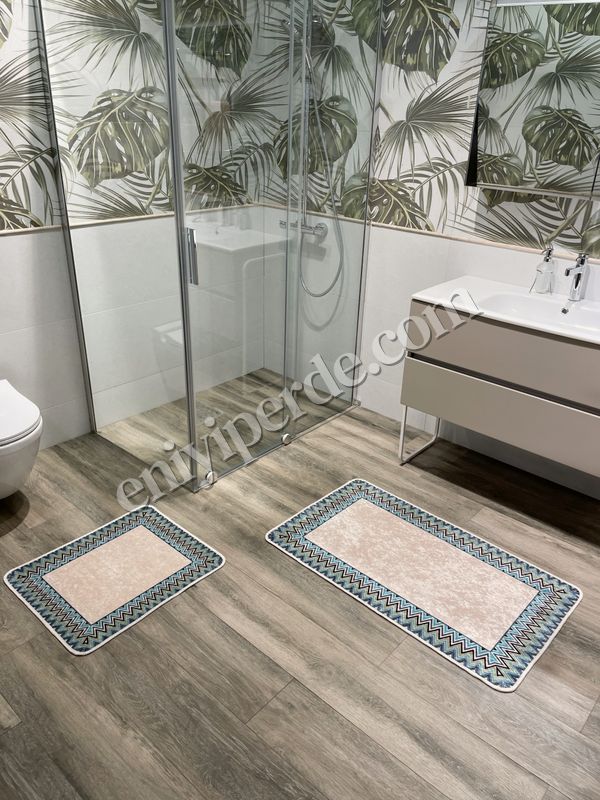 (mint-yesili) Mint Yeşil - Zigzag Desenli Deri Taban 2 li Banyo Paspas (60x100 - 60x50) Fiyatları, Özellikleri ve Yorumları - 2