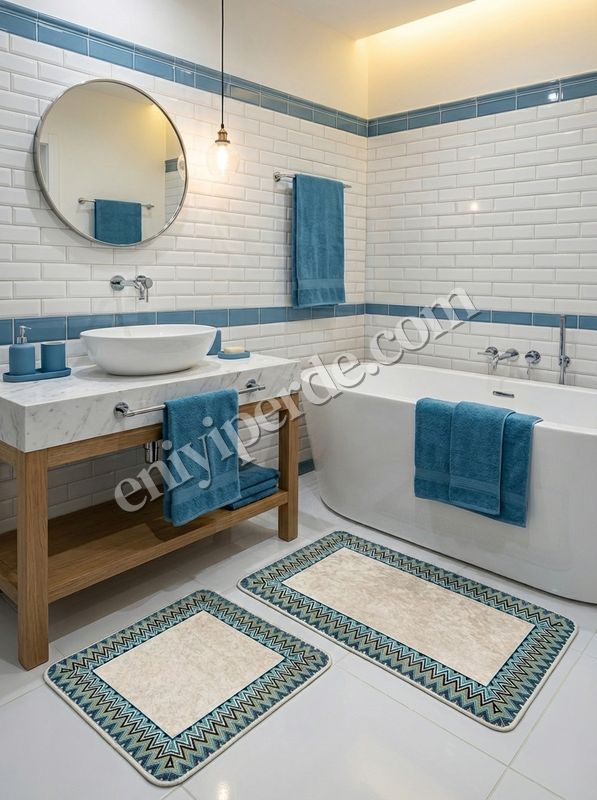 (mint-yesili) Mint Yeşil - Zigzag Desenli Deri Taban 2 li Banyo Paspas (60x100 - 60x50) Fiyatları, Özellikleri ve Yorumları - 3