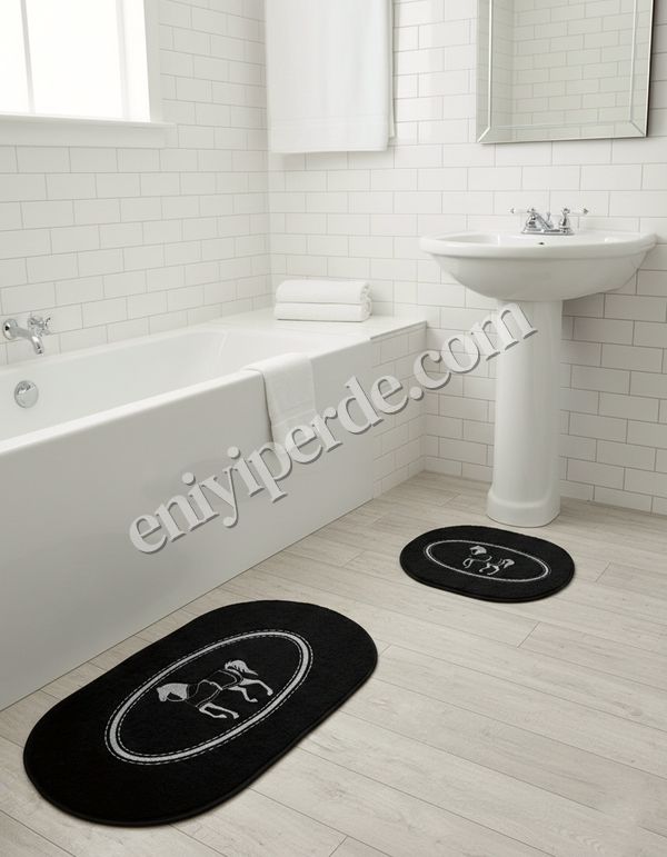 (siyah-oval) Siyah At Desen Horse Desenli 2'li Deri Taban Banyo Paspas (60x100 - 60x50) Fiyatları, Özellikleri ve Yorumları - 2