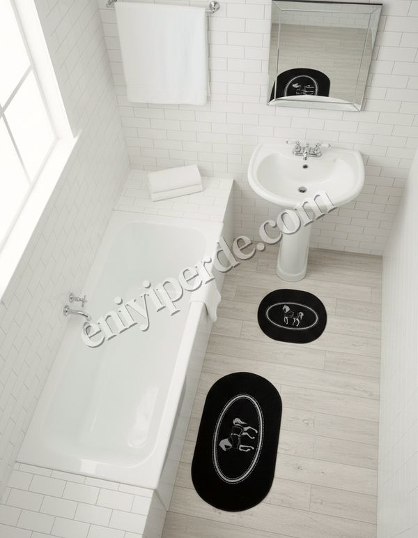 (siyah-oval) Siyah At Desen Horse Desenli 2'li Deri Taban Banyo Paspas (60x100 - 60x50) Fiyatları, Özellikleri ve Yorumları - 3