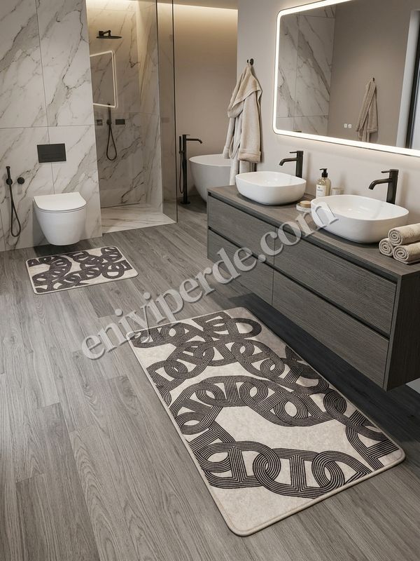 (bej) Zincir Desenli Lateks Taban 2'li Banyo Paspası (60x100-60x50) Fiyatları, Özellikleri ve Yorumları - 2