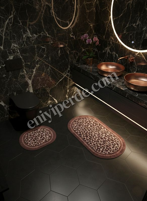 (kahve-koseli) Lepoar Desenli 2 li  Deri Taban Banyo Paspas (60x100 - 60x50) Fiyatları, Özellikleri ve Yorumları - 3