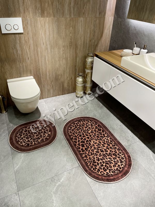 (kahve-koseli) Lepoar Desenli 2 li  Deri Taban Banyo Paspas (60x100 - 60x50) Fiyatları, Özellikleri ve Yorumları - 4