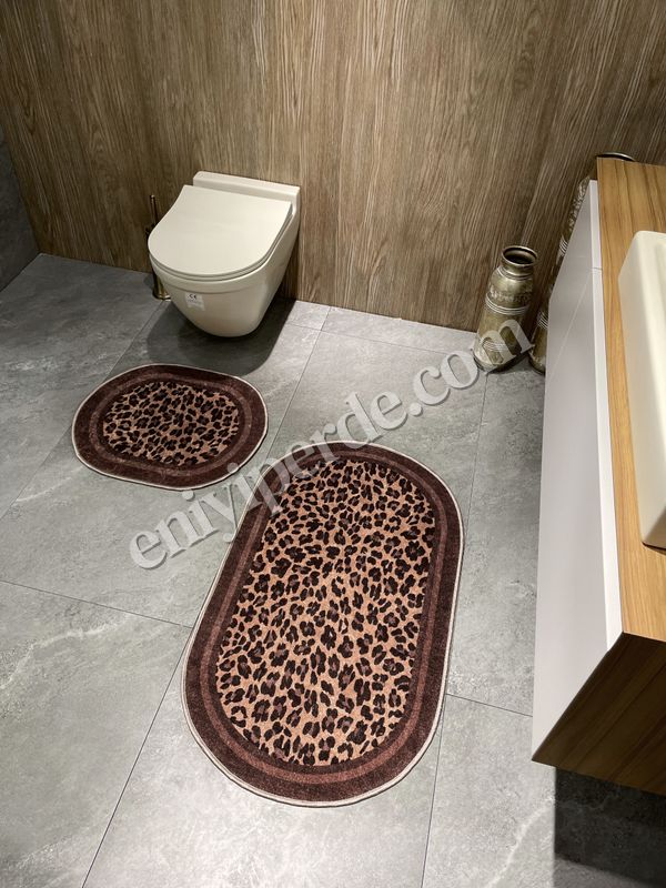 (kahve-koseli) Lepoar Desenli 2 li  Deri Taban Banyo Paspas (60x100 - 60x50) Fiyatları, Özellikleri ve Yorumları - 5