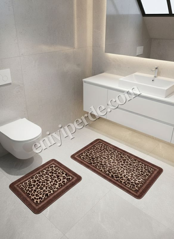 (kahve-oval) Lepoar Desenli 2 li  Deri Taban Oval Banyo Paspas (60x100 - 60x50) Fiyatları, Özellikleri ve Yorumları - 2