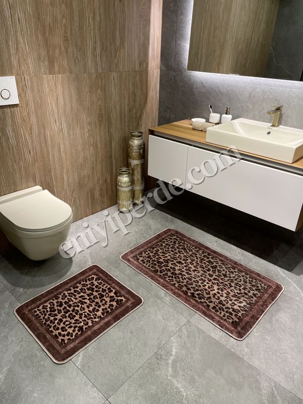 (kahve-oval) Lepoar Desenli 2 li  Deri Taban Oval Banyo Paspas (60x100 - 60x50) Fiyatları, Özellikleri ve Yorumları - 3