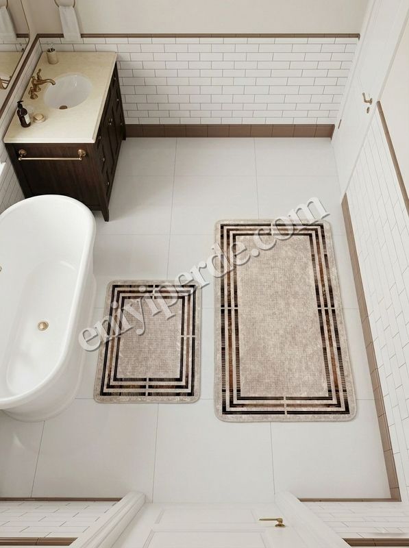 (bej) Bej Renk Çizgi Desenli 2 li  Deri Taban  Banyo Paspas (60x100 - 60x50) Fiyatları, Özellikleri ve Yorumları - 2