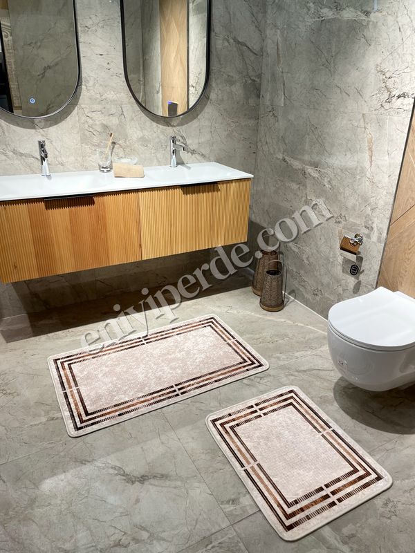 (bej) Bej Renk Çizgi Desenli 2 li  Deri Taban  Banyo Paspas (60x100 - 60x50) Fiyatları, Özellikleri ve Yorumları - 3